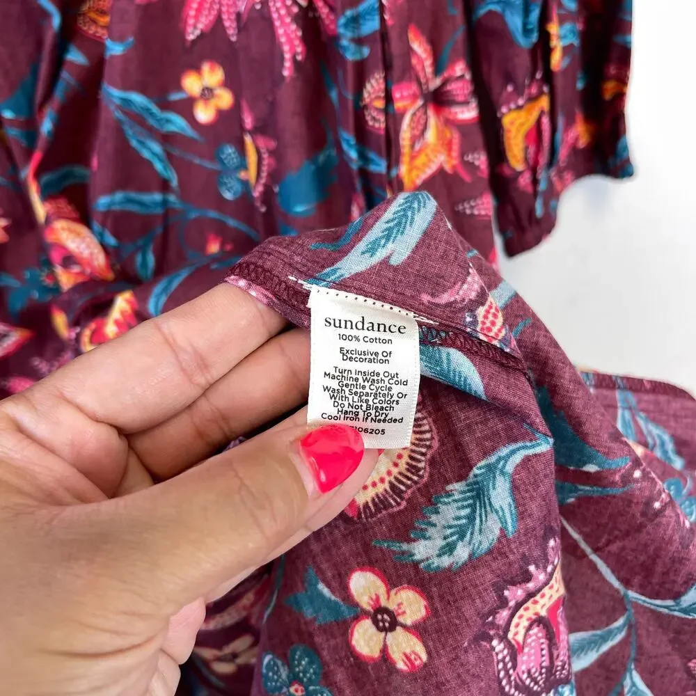 Sundance PM Petite M Cotton Floral Shift Maroon Red Dress A-Line 3/4 Sleeve - Picture 7 of 11